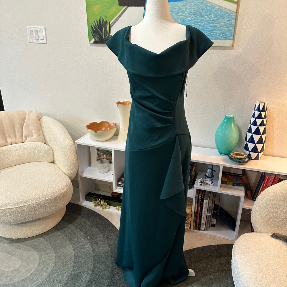 Xscape Dark Green Scuba Off-The-Shoulder Gown
